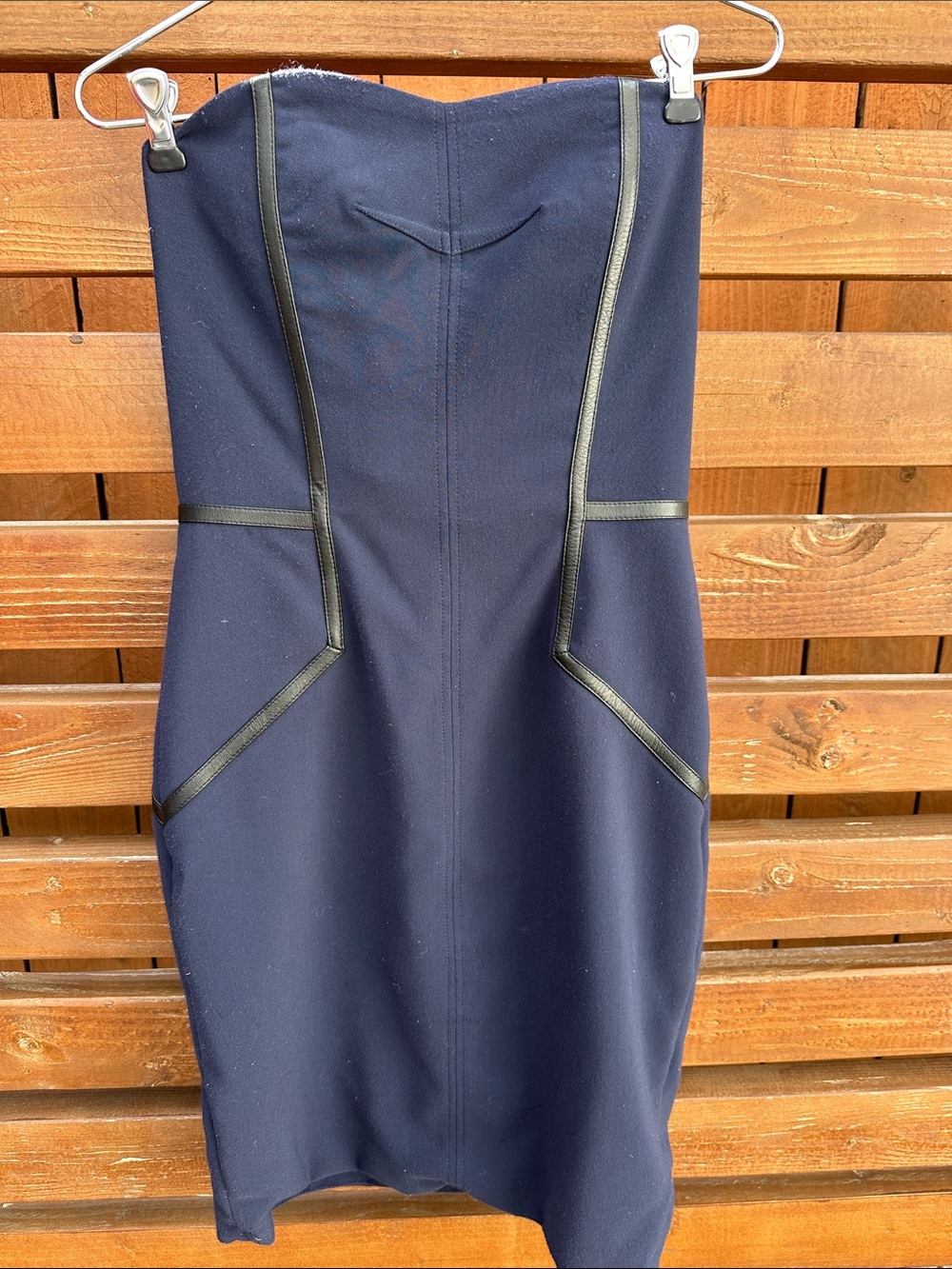 Yigal Azrouël Strapless Navy dress with lam leather piping. Brand new with tags